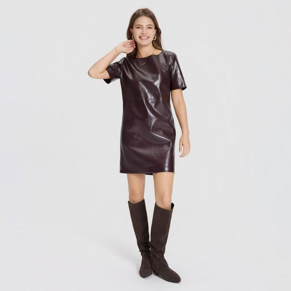 Women's Short Sleeve Faux Leather Mini Shift Dress - A New Day Burgundy S